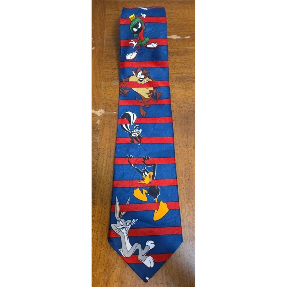 Looney Tunes Mania Navy Blue Red Stripe Neck Tie Bugs Bunny Daffy Duck Taz Vntg